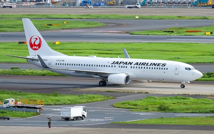 日本航空的白色機身,機尾是紅色的鶴丸標誌